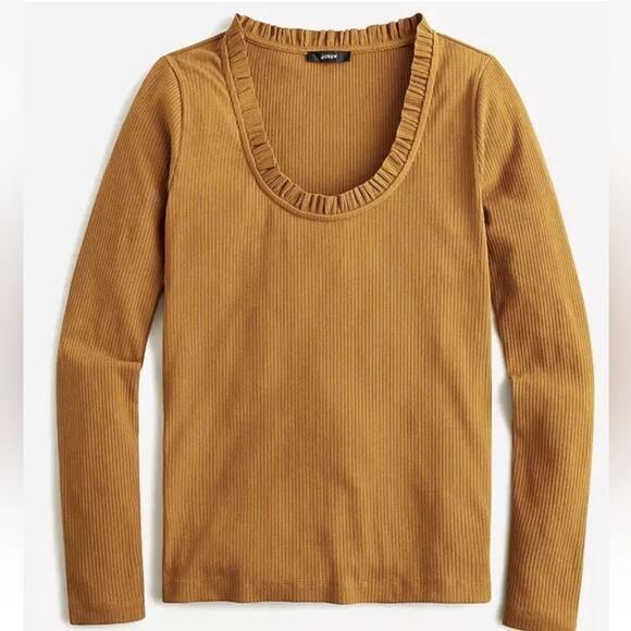 J. Crew Tops - J Crew Ribbed Ruffle Neck Long Sleeve Shirt Bronzed Surplus Brown Women's Small